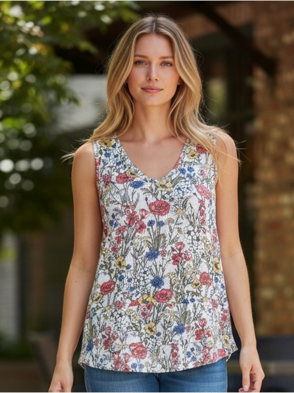 Tribal Floral Sleeveless Top | Medium | V-Neck Peplum Tank